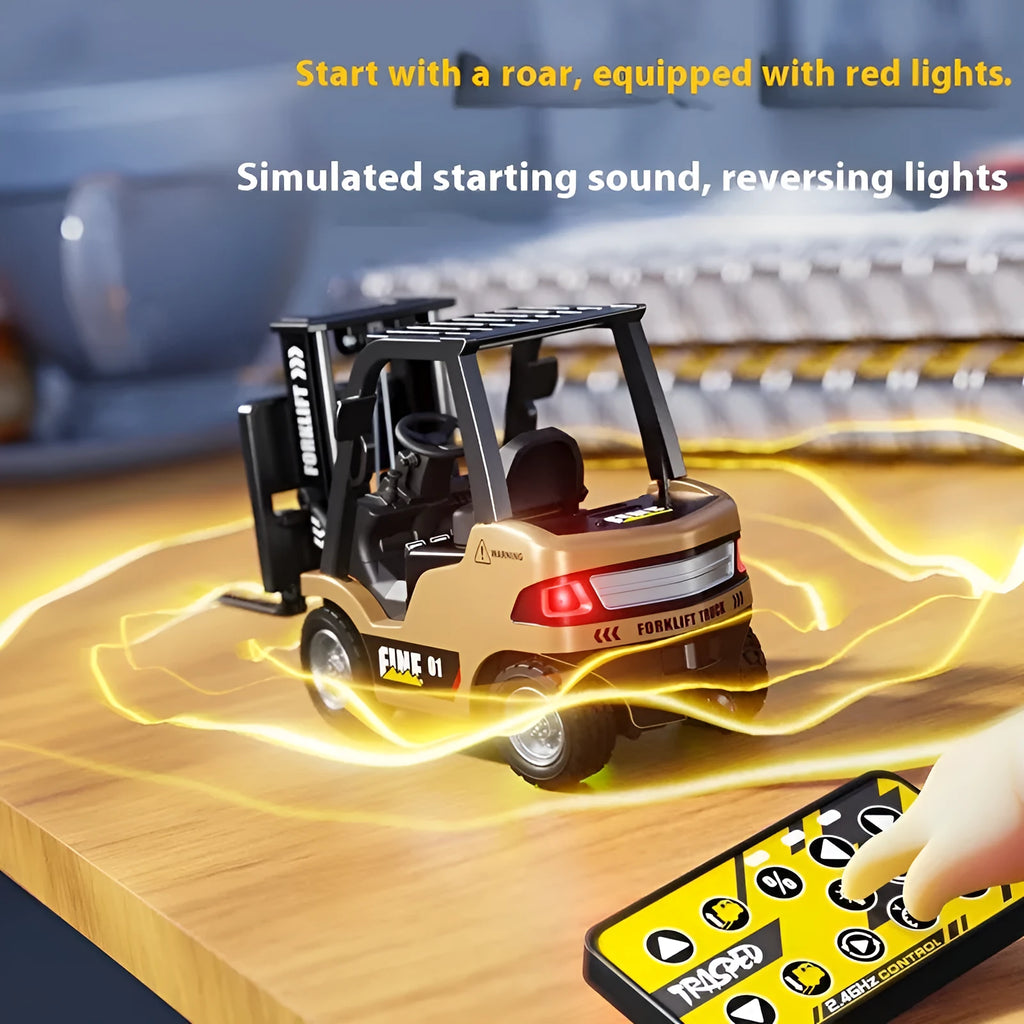 1:64 scale silver alloy Bluetooth remote-control forklift toy with mobile phone app on screen.