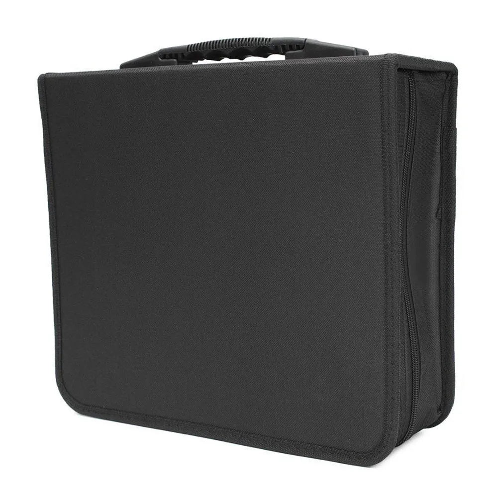 Black Oxford fabric CD storage organiser bag with zipper closure and top carry strap.