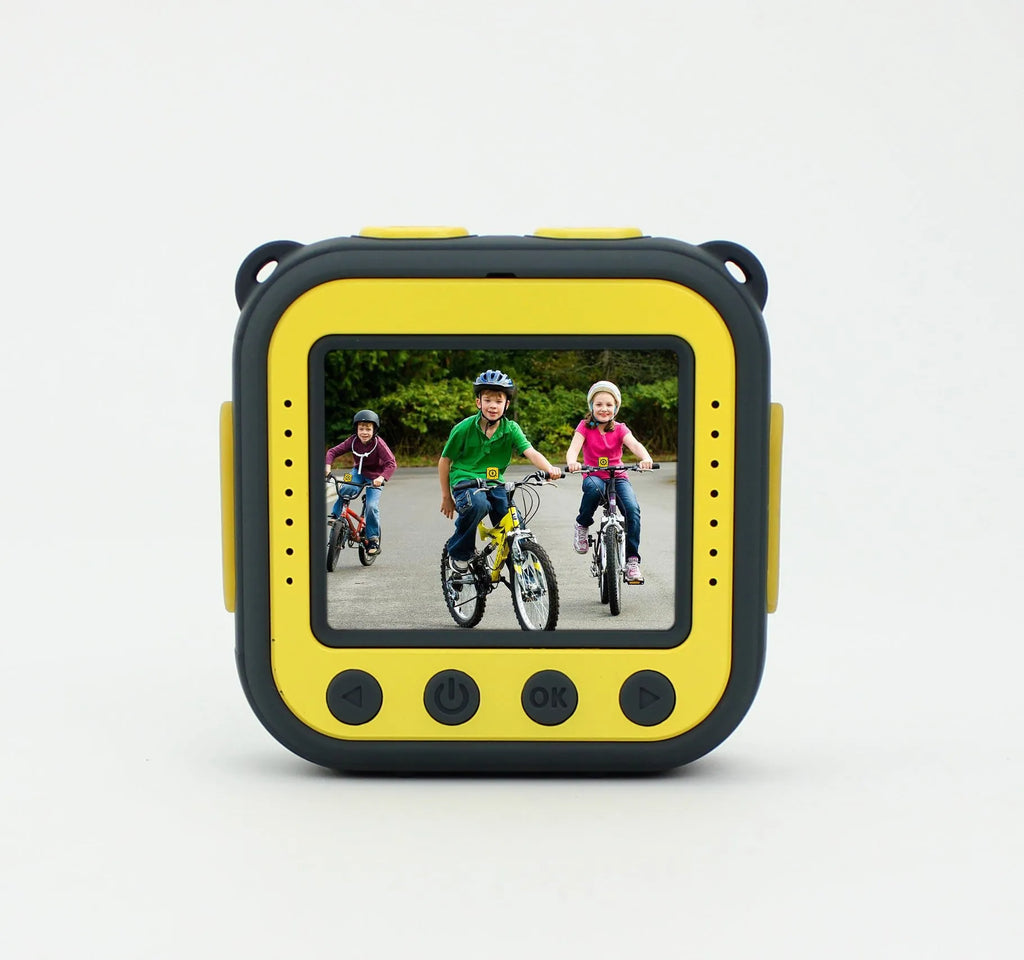 Yellow children's waterproof sports camera with 1.77-inch screen showing outdoor scene