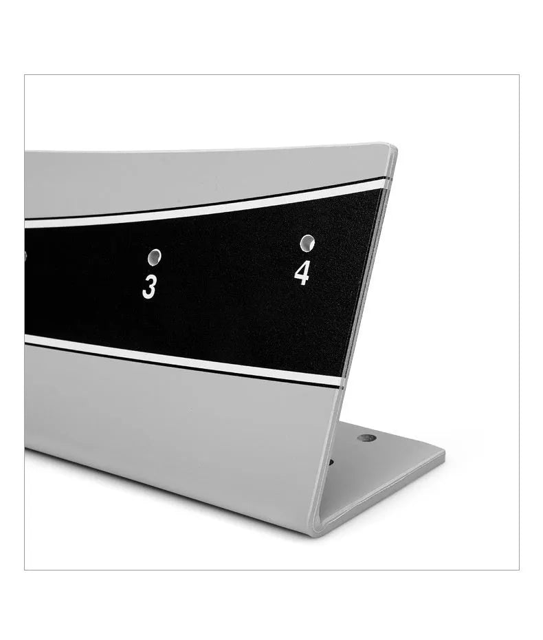 Adjustable golf putter trajectory balance simulator with PVC construction on a flat indoor surface.
