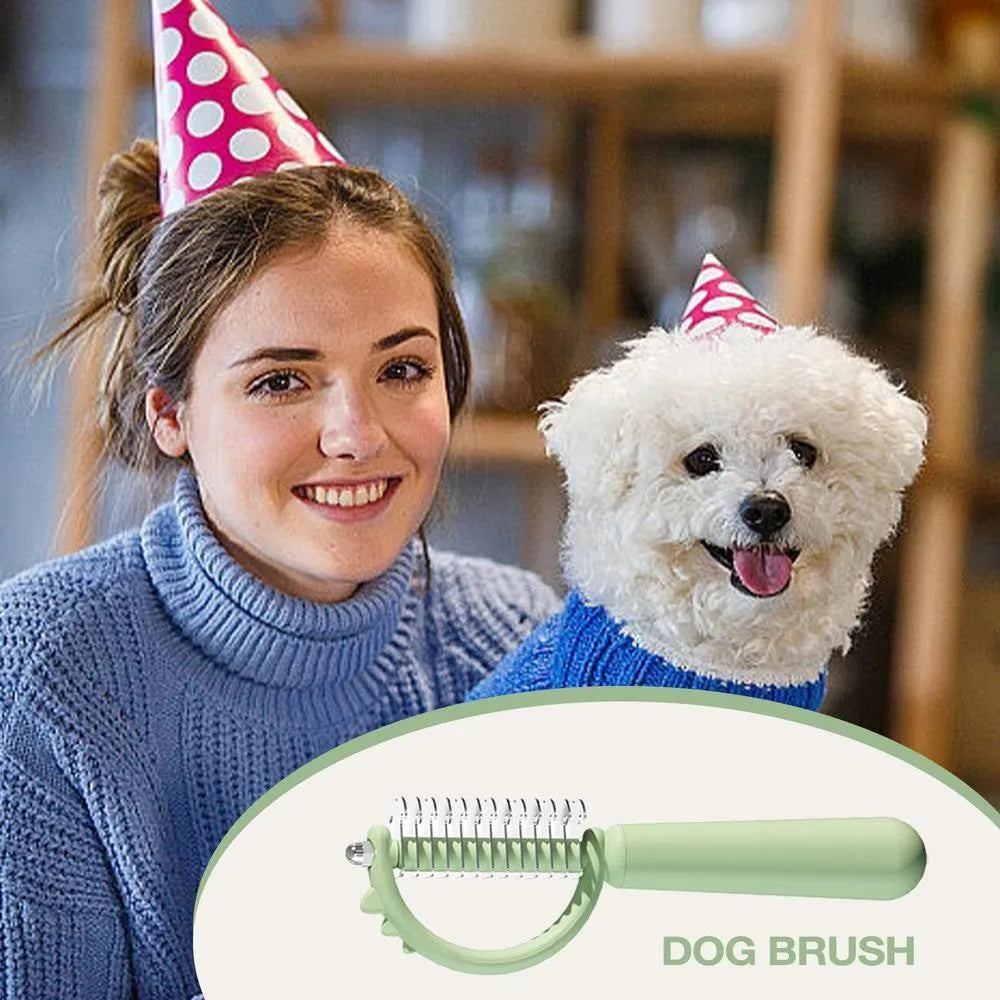 Blue dinosaur-shaped cat brush with double-sided grooming heads and self-cleaning button