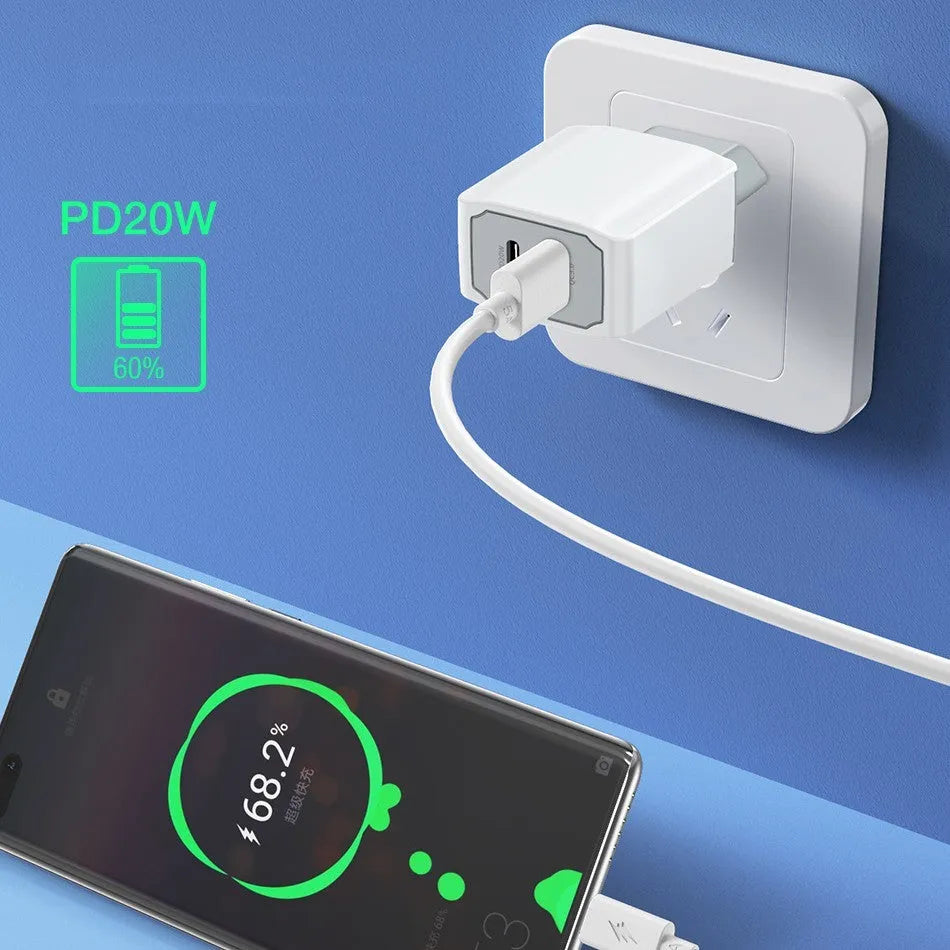 White USB phone fast charger set with European standard cable and compact dimensions