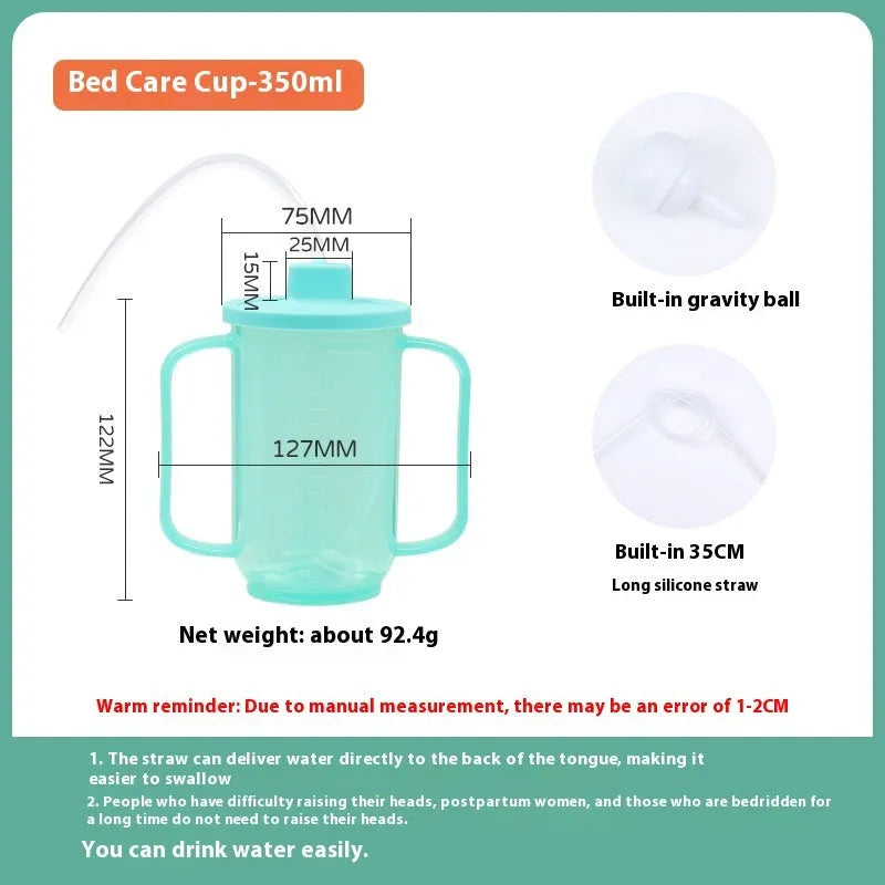 Oblique mouth choke-proof drinking cup for adults with handle and lid, shown with optional wrist splint.