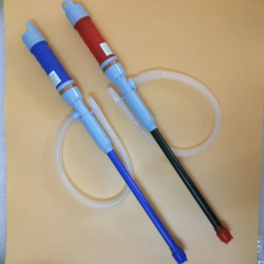 Blue manual hand siphon pump for transferring fuel and oil to small engines.