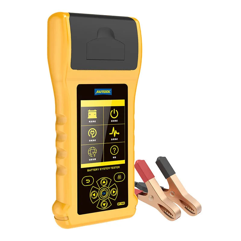 Autool BT760 vehicle battery tester with colour screen, test clips, and printed diagnostic receipt.