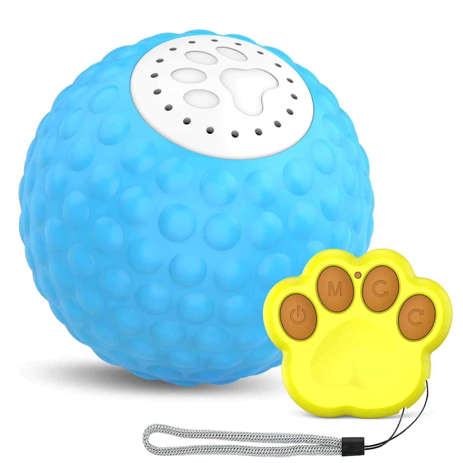 Remote control cat toy ball in blue, green and yellow colours with transmitter