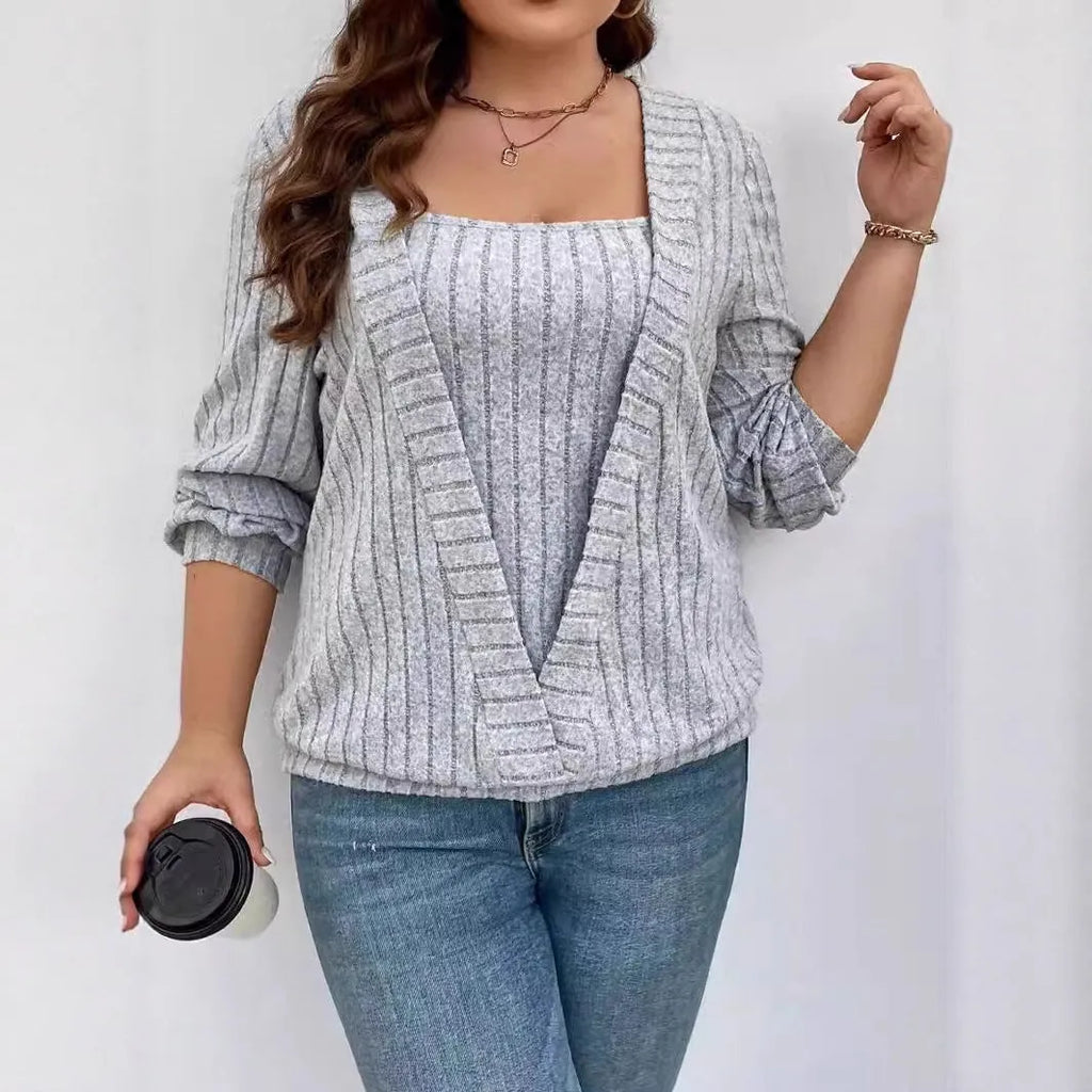 Women's solid colour rib fabric V-neck false two-piece suit with long sleeves in loose fit
