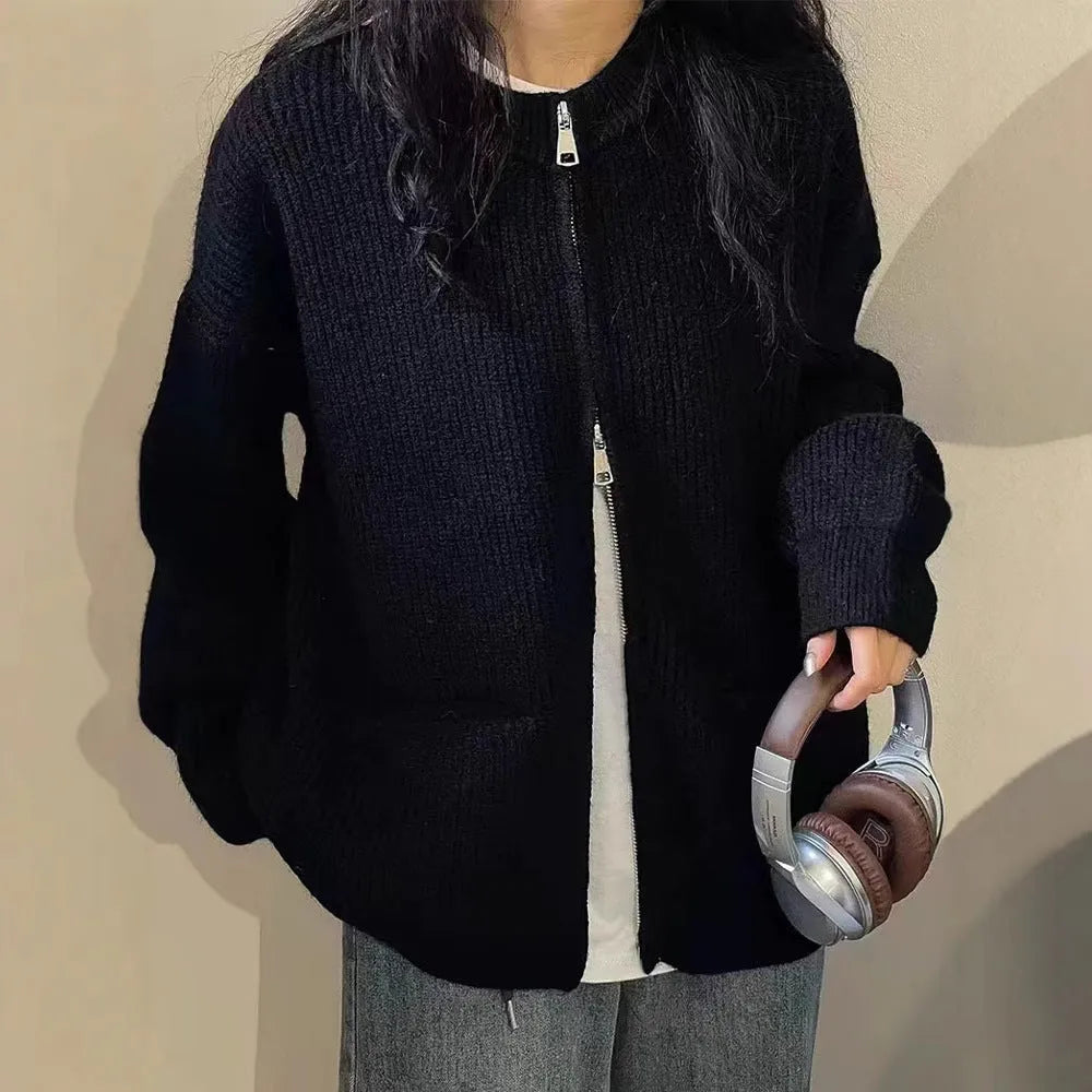 Women's soft sweater coat in temperature-sensitive fabric showing beige colour option with long sleeves and cardigan styling
