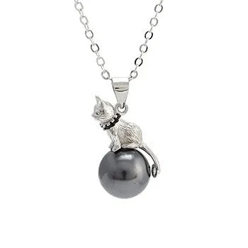 Sterling silver cat pendant necklace with electroplated finish on adjustable silver chain