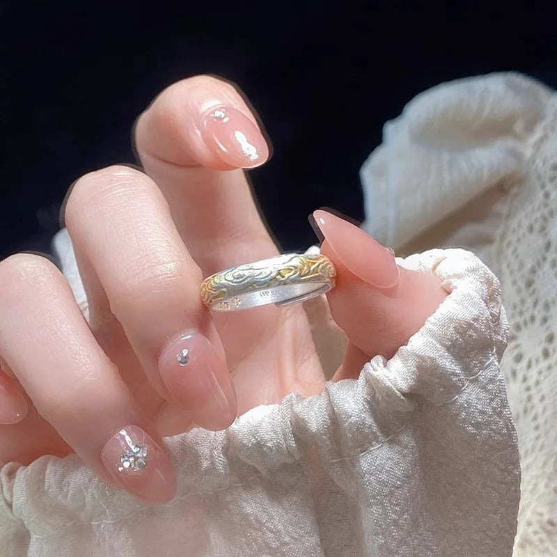 J14 Xiangyun pattern open-mouth ring in white copper with electroplated silver or gold finish.