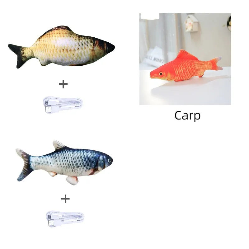 Multicolour electronic fish cat toy measuring 30cm with USB charging cable