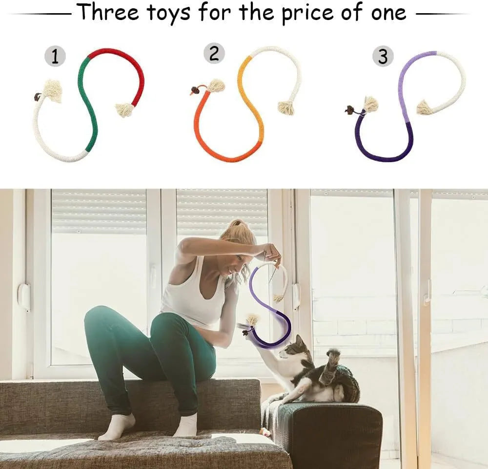 70cm cotton bite rope cat toy in three colour combinations: purple, orange, and red with green
