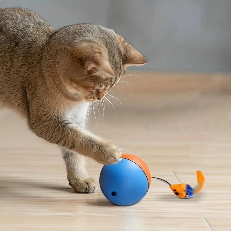 Blue and orange interactive cat toy ball with plush mouse attachment measuring 8.5cm