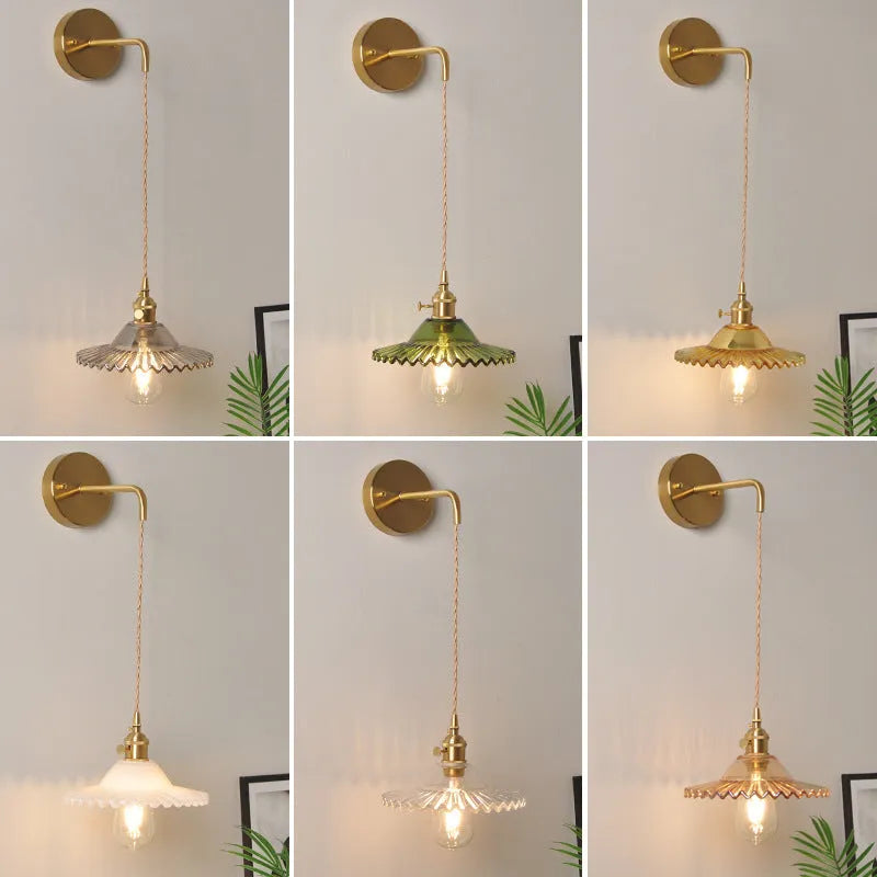 Retro brass lotus wall lamp with glass shade in various colour options