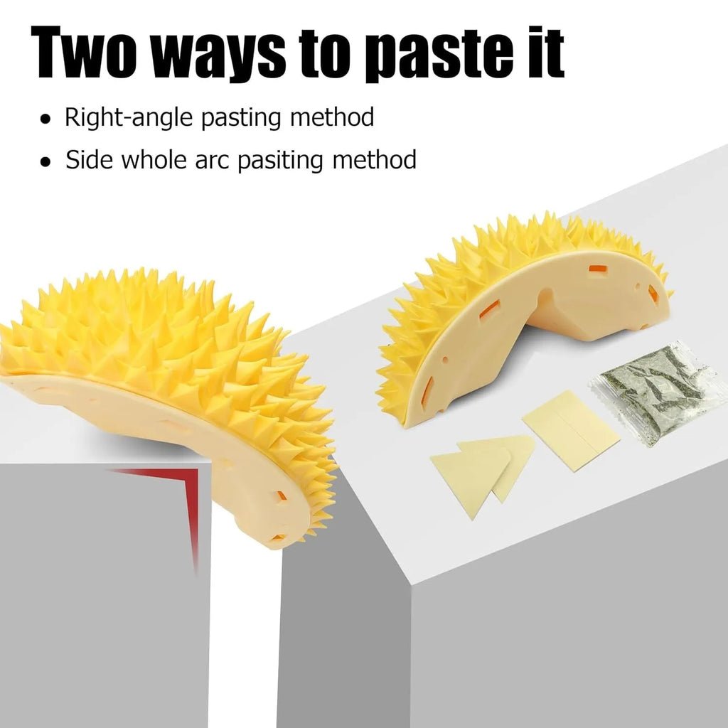 Yellow durian-shaped cat corner scratcher with massage comb mounted on wall corner
