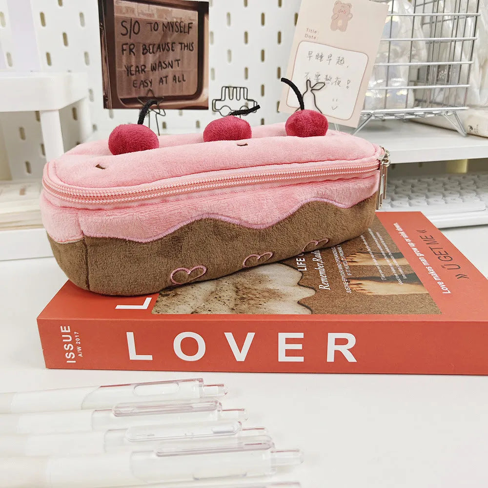 Cherry Cake themed plush velvet pencil case with zip closure