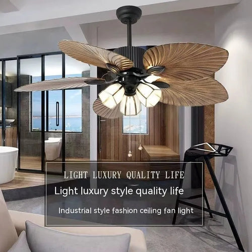 52-inch retro ceiling fan light with wooden blades and copper lampshade lighting