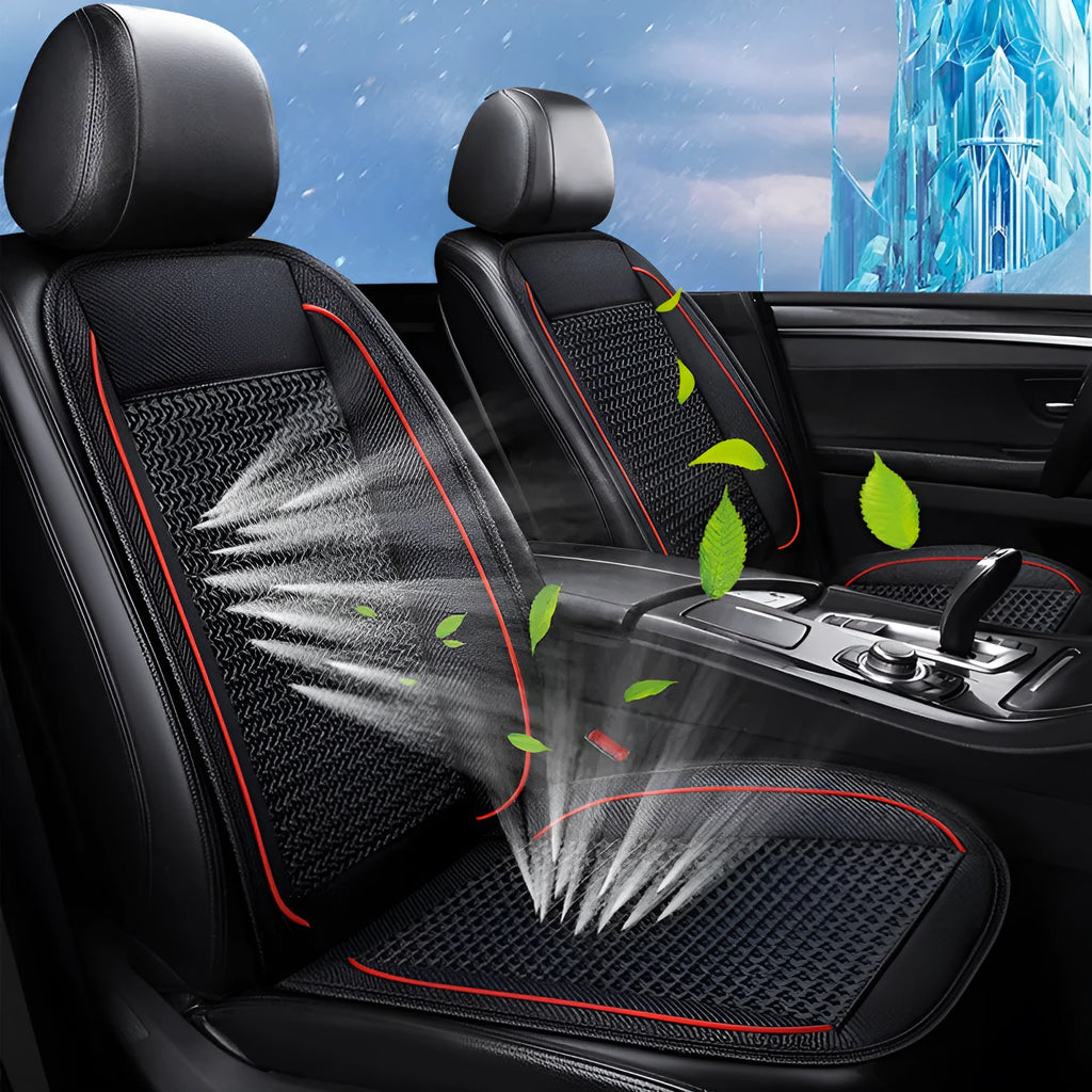Black car ventilation seat cushion with massage function showing 60x60cm dimensions on vehicle seat