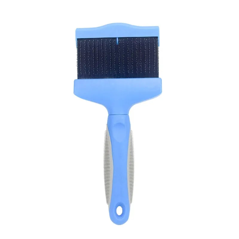 Blue double-sided dog grooming brush with stainless steel pins and ergonomic non-slip handle on a white background.