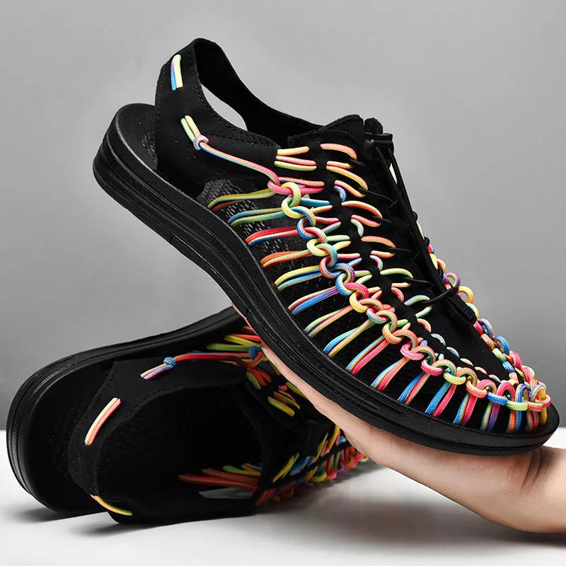 Woven sandals with elastic drawstring tie in rainbow colour with rubber sole
