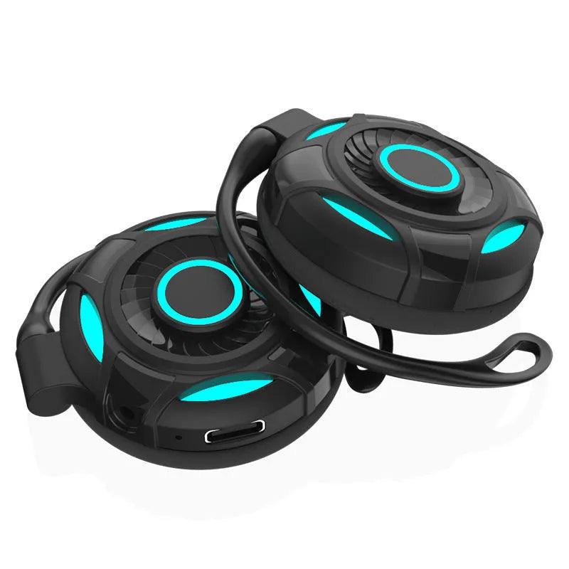 Black wireless Bluetooth gaming earphones with hanging ear design showing both earpieces