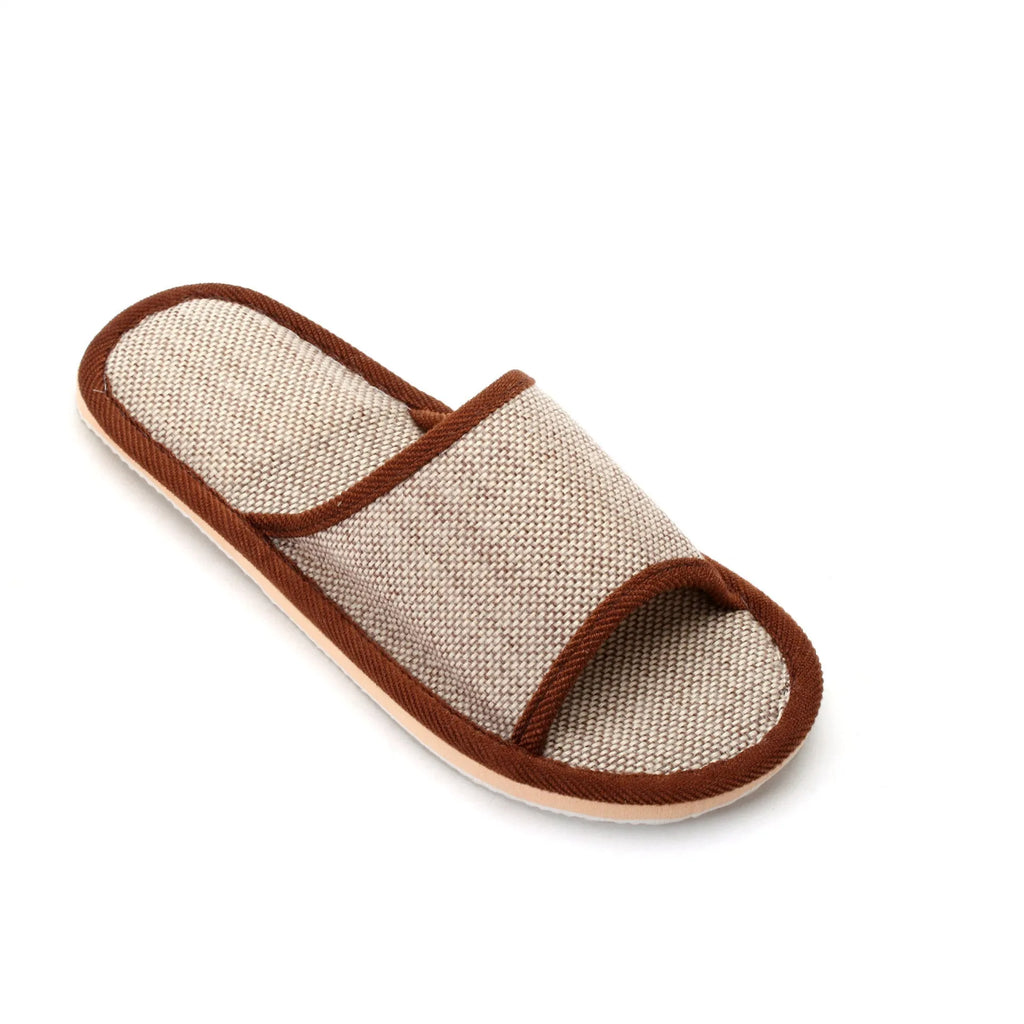 Women's open-toe linen slippers in light brown colour showing breathable design and thickening sole.
