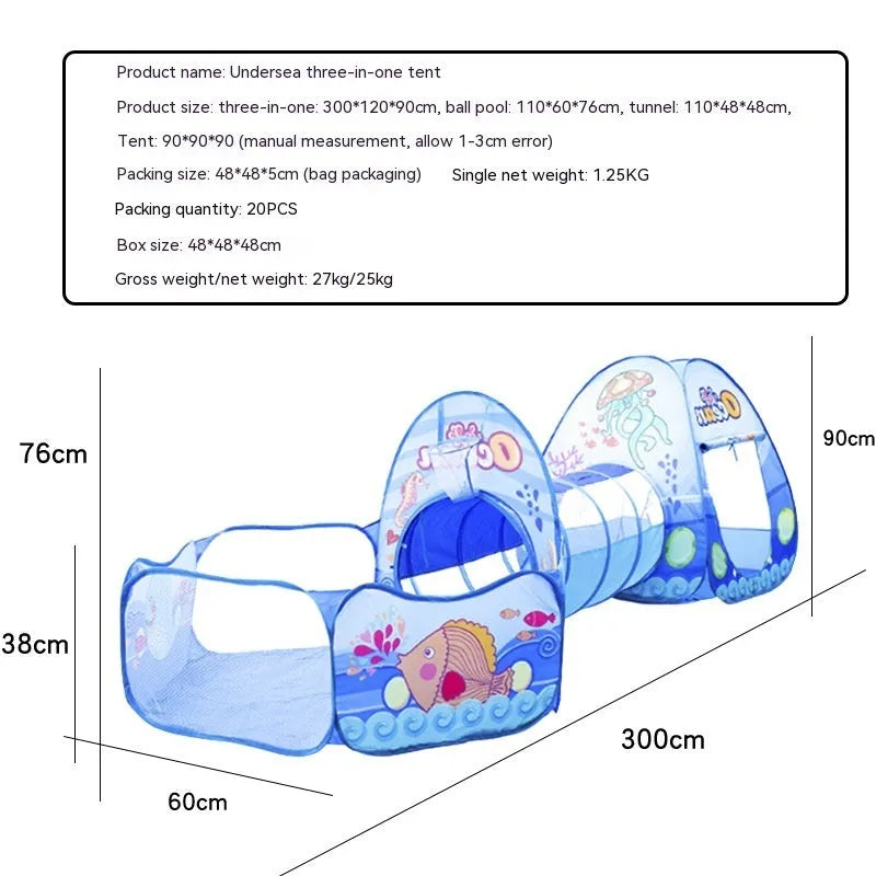 Three-piece children's play tent centre with integrated ball pool and tunnel in colourful cartoon design