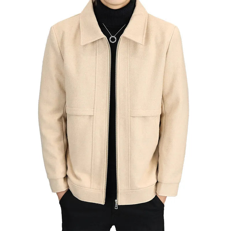 Men's khaki casual jacket with polo collar and side seam pockets
