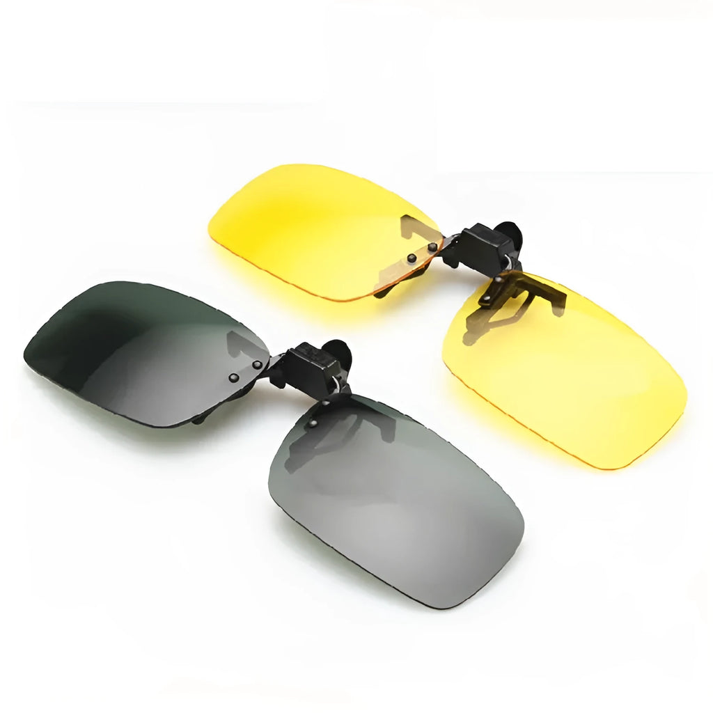 PC clip-on sunglasses accessory for prescription glasses in large or small size with gray, green, or night vision lens.