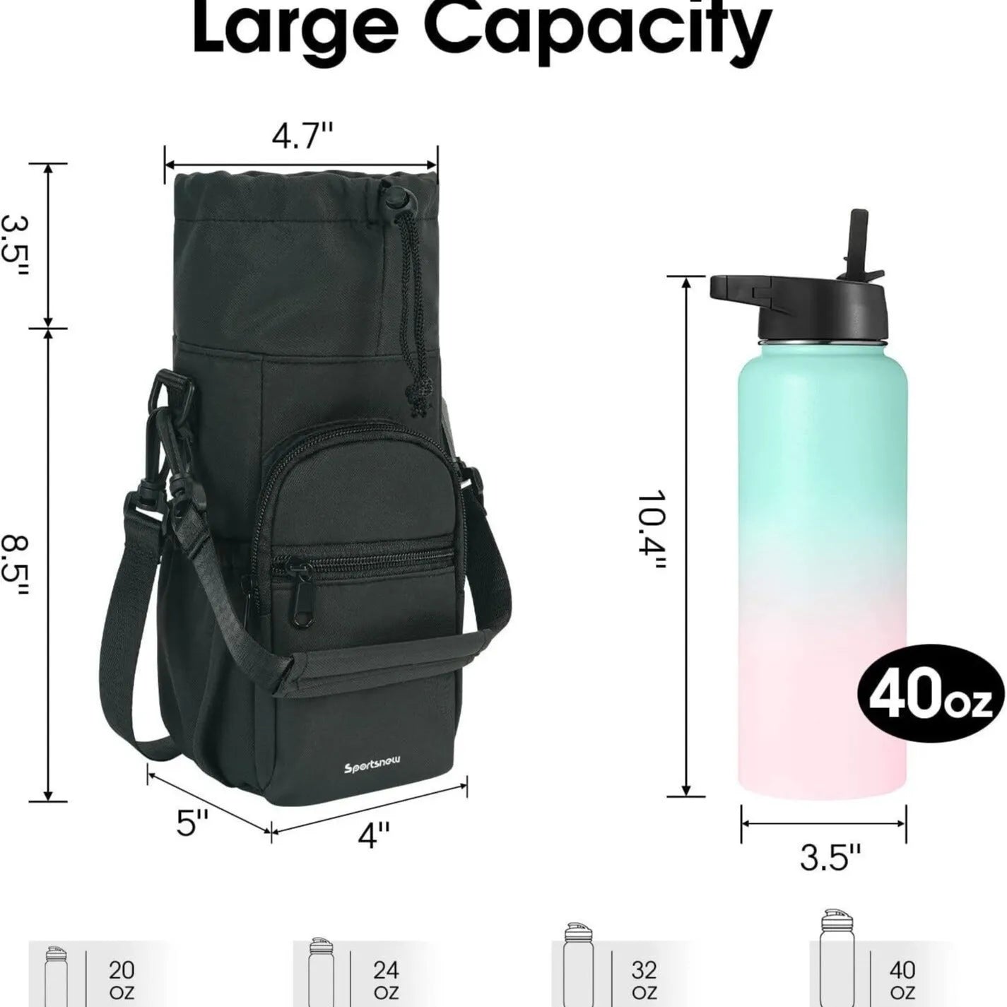 Cloth water bottle shoulder bag with adjustable crossbody strap in black, green, or pink