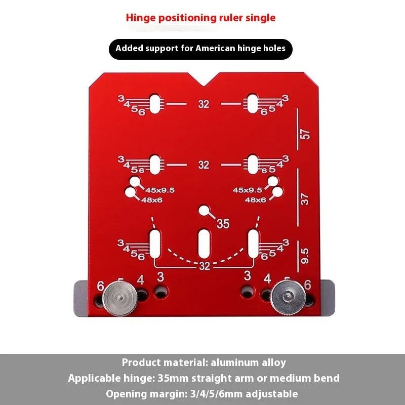 35mm adjustable hinge punch locator tool with red aluminium ruler and hard alloy tapper blade.