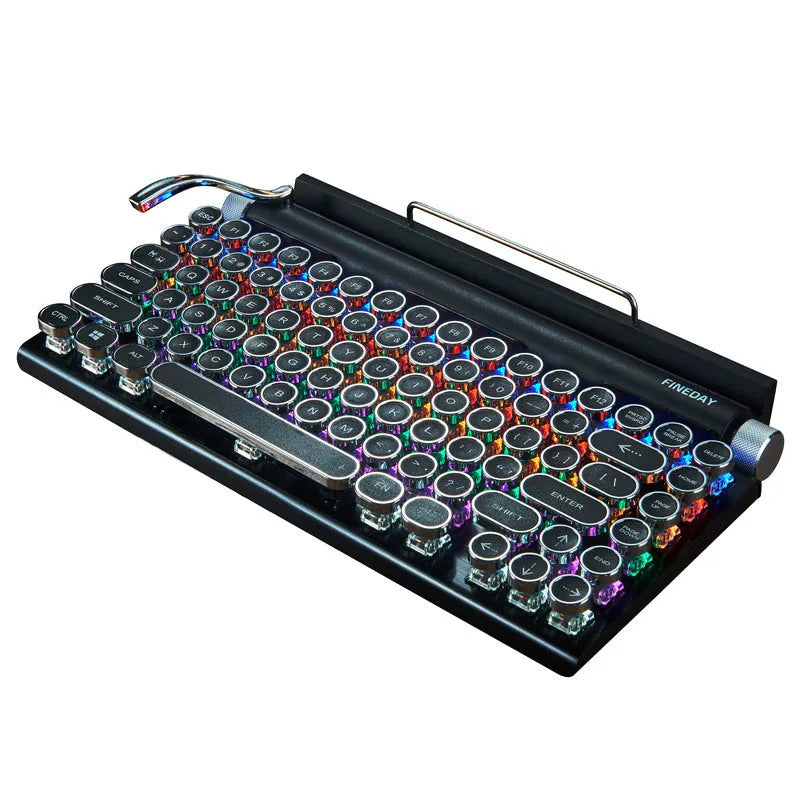 Black retro typewriter-style mechanical keyboard with Bluetooth connectivity and seven-colour backlight