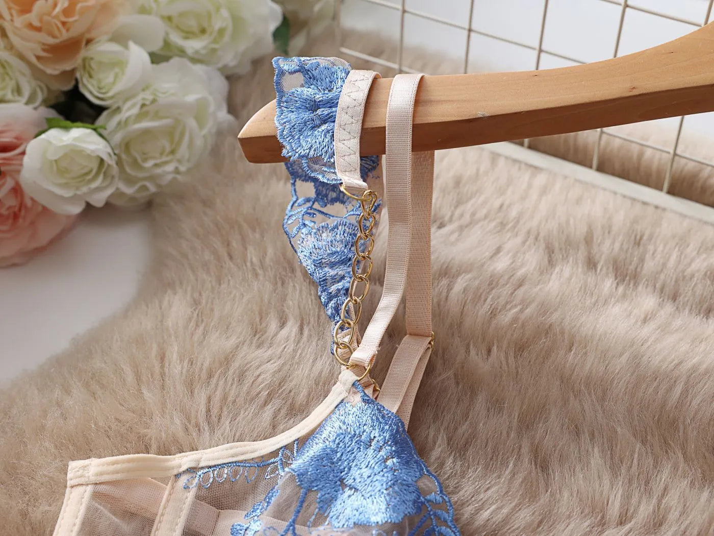 Light blue transparent push up bra with embroidered lace detailing and matching underwear