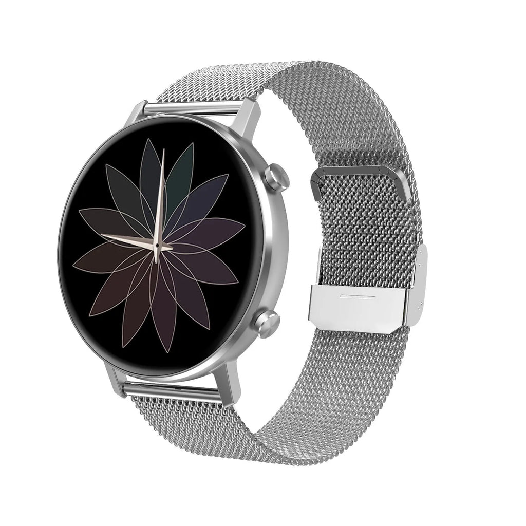 DT96 smart fitness tracker bracelet with steel strap on wrist showing 1.3 inch screen