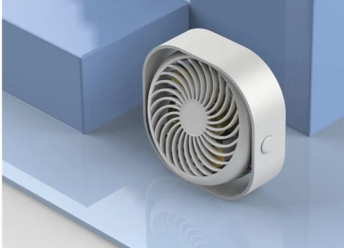 USB desk fan with alarm clock display in blue, showing rotating head on a modern base.