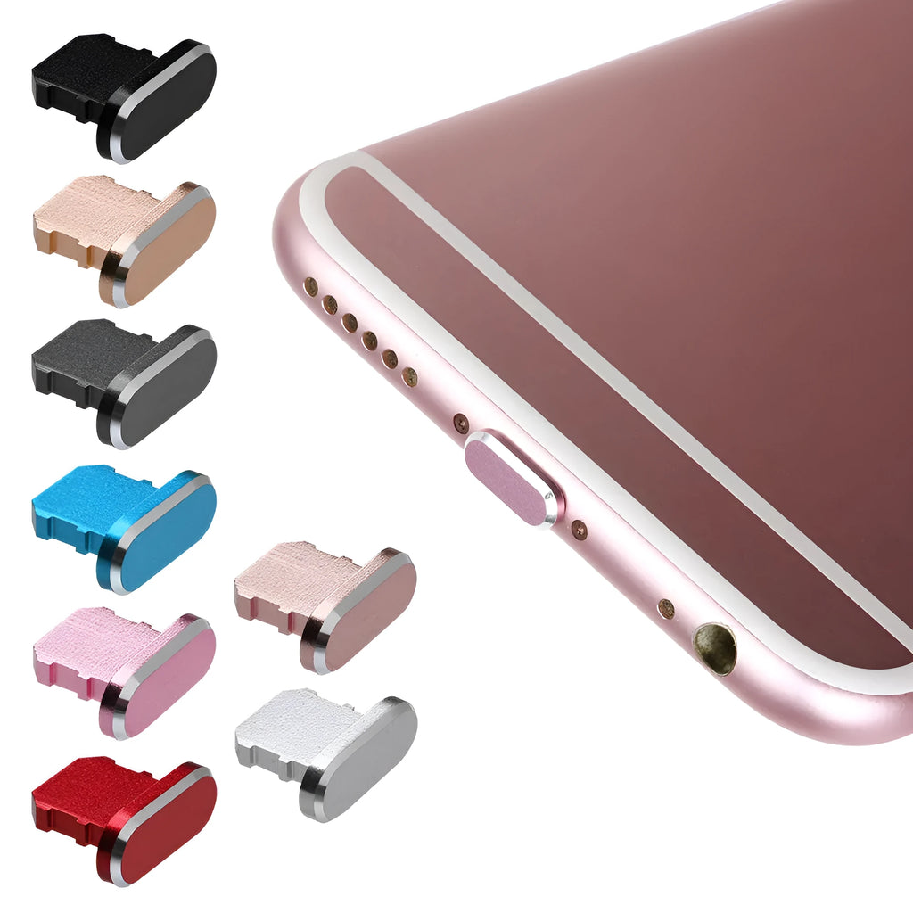 Aluminium alloy iPhone charging port dust plug in multiple colours including gold, silver, blue, red, grey, black, and rose gold.