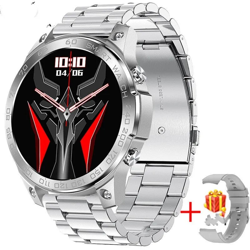 Bluetooth sports watch with round AMOLED screen and silicone strap in black colour
