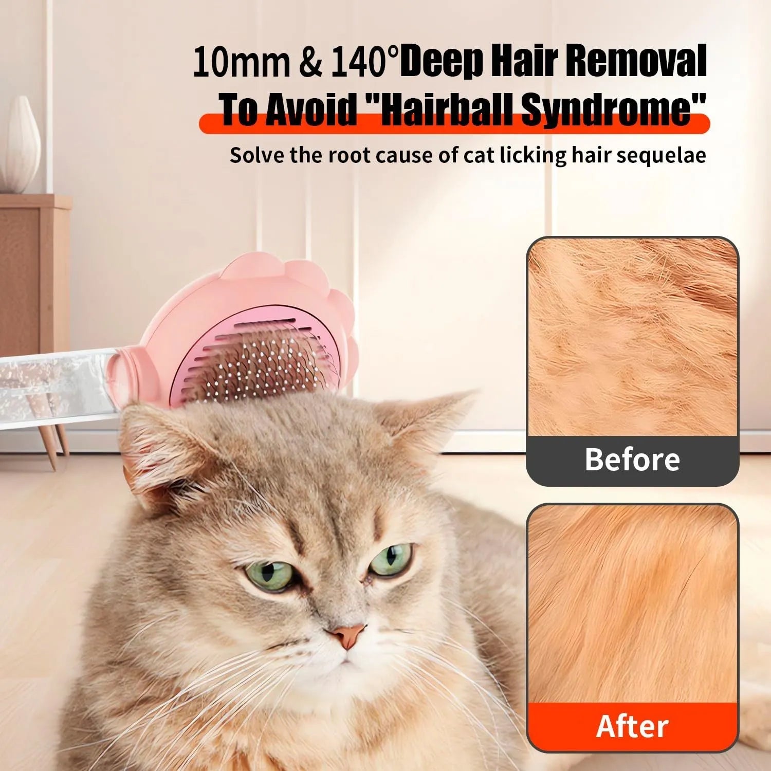 Grey spray cat grooming brush with self-cleaning button and stainless steel bristles on a white background