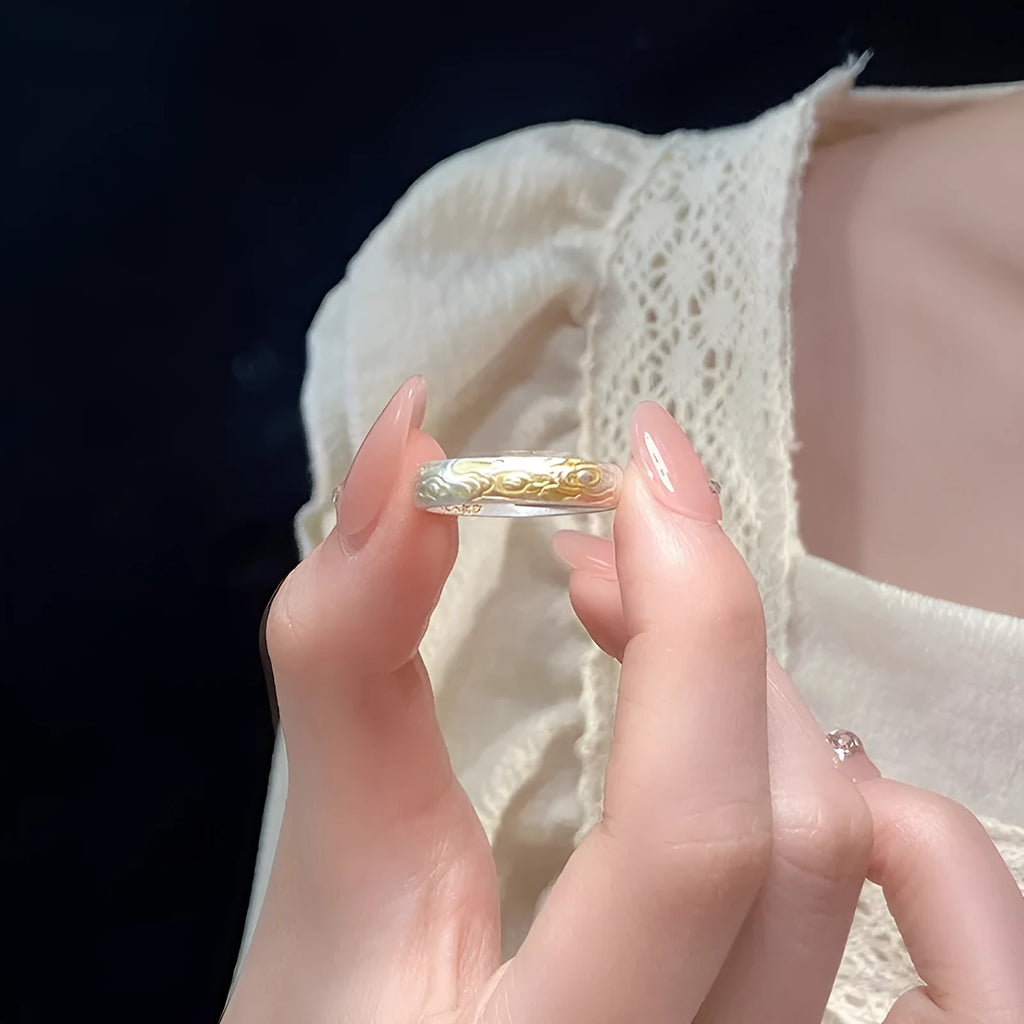 J14 Xiangyun pattern open-mouth ring in white copper with electroplated silver or gold finish.
