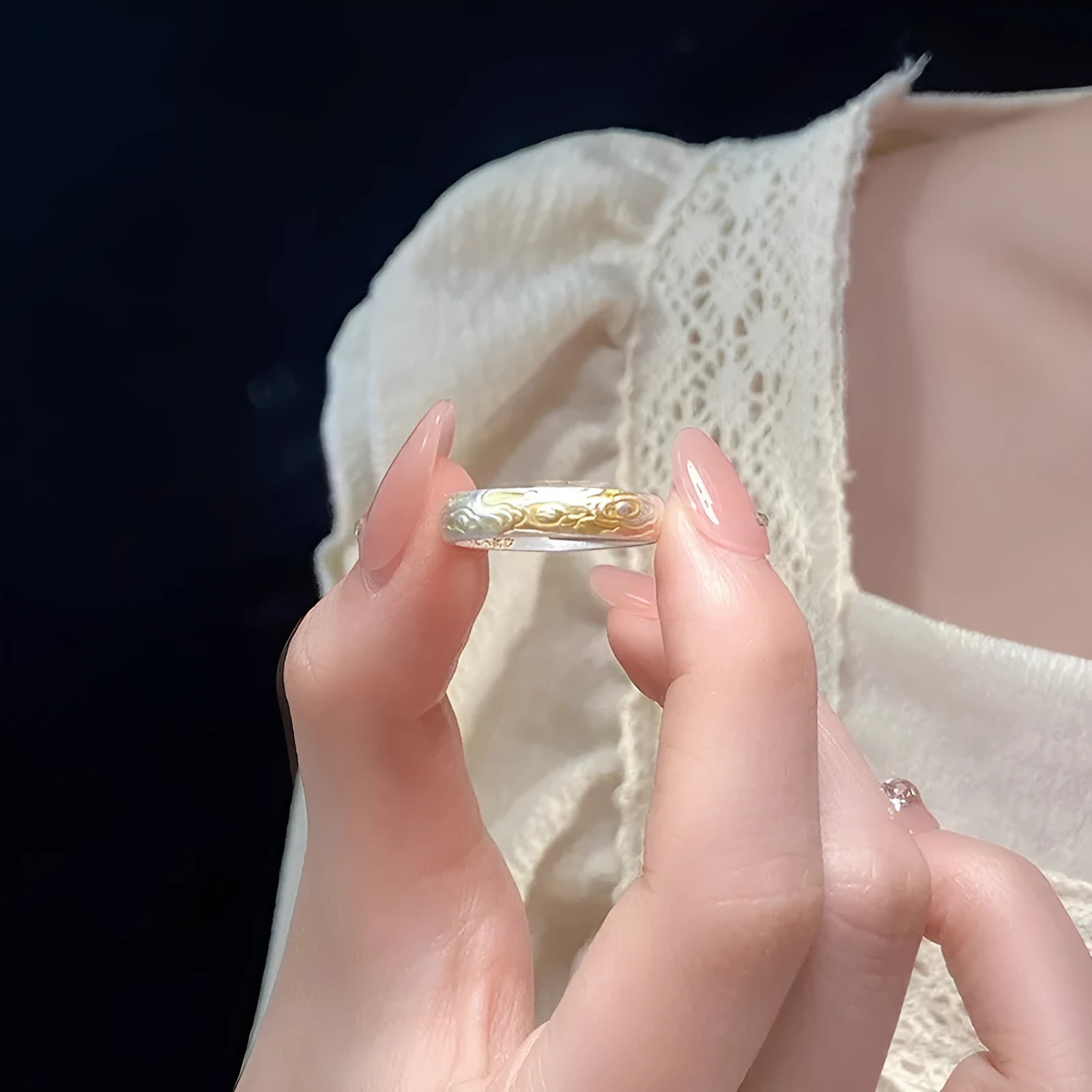 J14 Xiangyun pattern open-mouth ring in white copper with electroplated silver or gold finish.