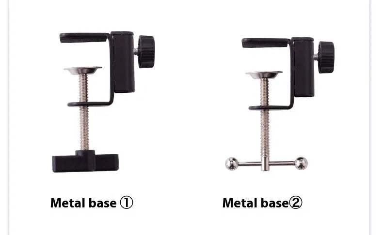 Black foldable metal cantilever bracket holding a tablet, showing its adjustable arms and clip.