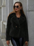 Rose red women's short faux fur coat with a loose fit and regular sleeves on a hanger.