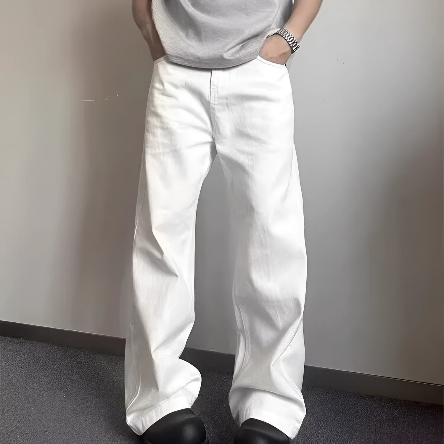Men's white straight-leg cotton denim jeans with mid-waist and zipper fly