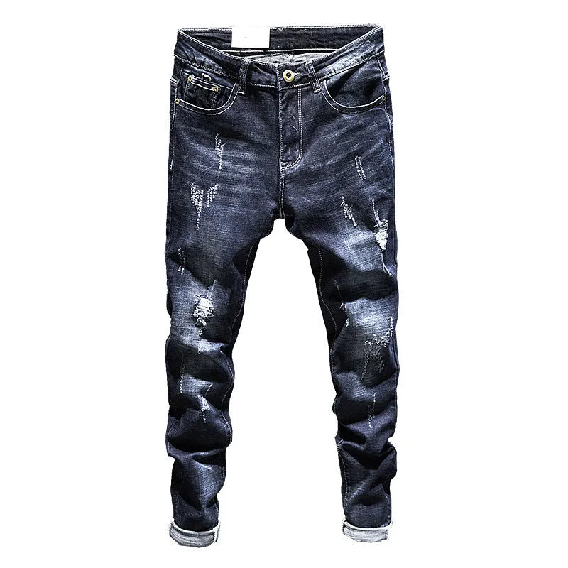 Men's slim-fit skinny jeans in dark blue cotton denim fabric on a hanger.