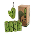 Degradable dog poop bags in military green with black bone print, showing roll format and bag dimensions