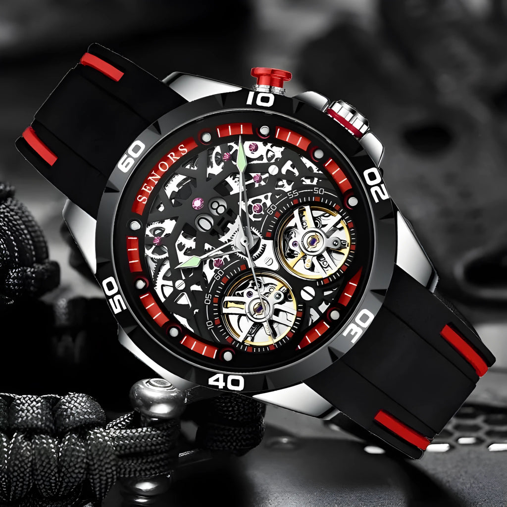 Men's automatic mechanical watch with luminous hands and hollow dial design in blue colour