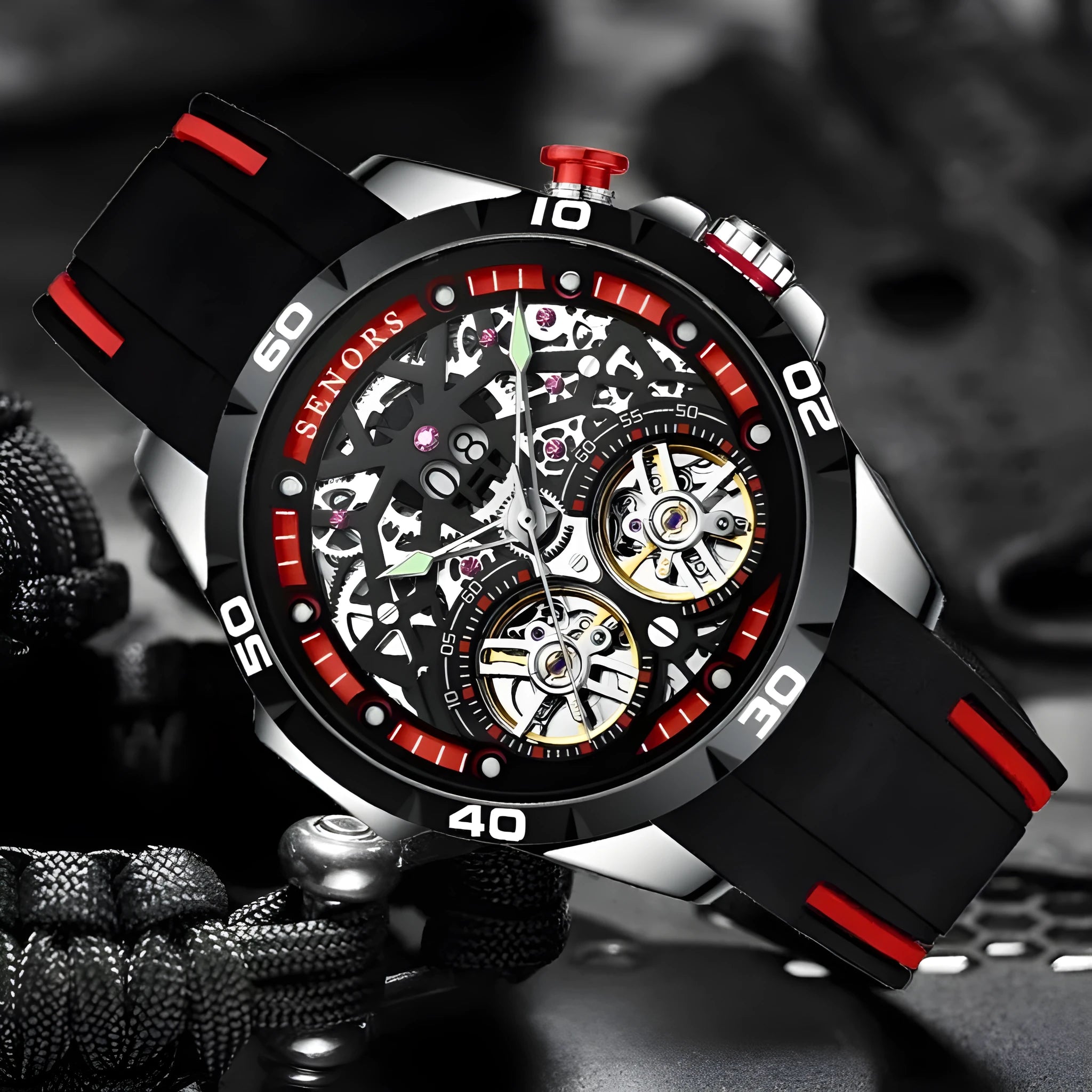Men's automatic mechanical watch with luminous hands and hollow dial design in blue colour