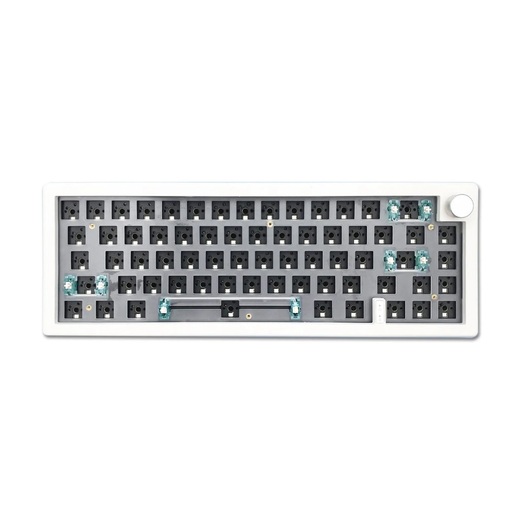 DIY mechanical keyboard kit components with RGB keys and knob on a black ABS case.