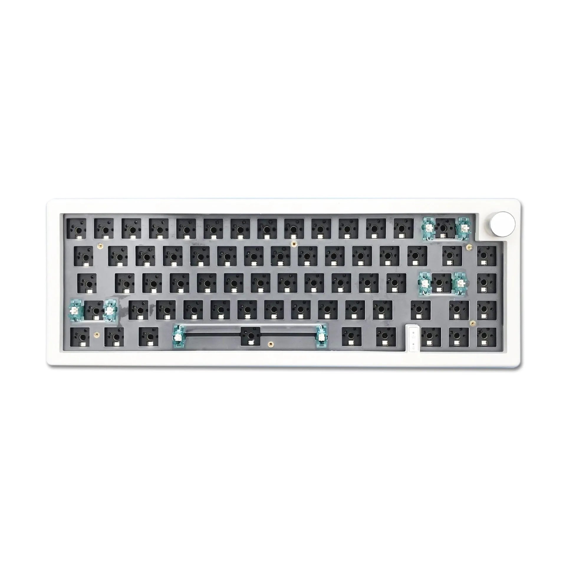 DIY mechanical keyboard kit components with RGB keys and knob on a black ABS case.