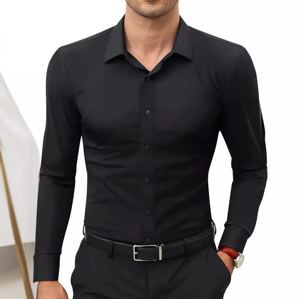 Men's long sleeve cardigan shirt in solid colour with polyester four-way stretch fabric, full elastic force construction
